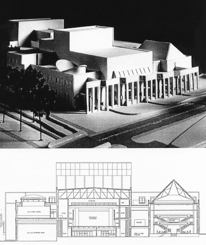 Architectural model and drawing of Indiana University
Department of Theatre and Drama